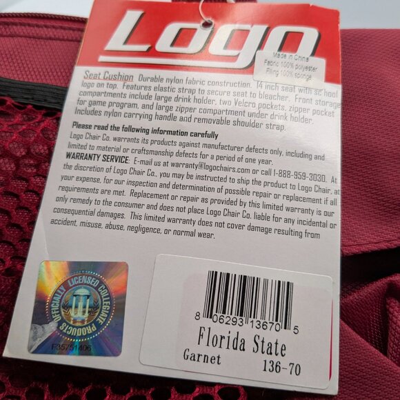 Florida State Seminoles FSU Stadium Seat Cushion, Original Logo Before 2014, NWT - Picture 6 of 7